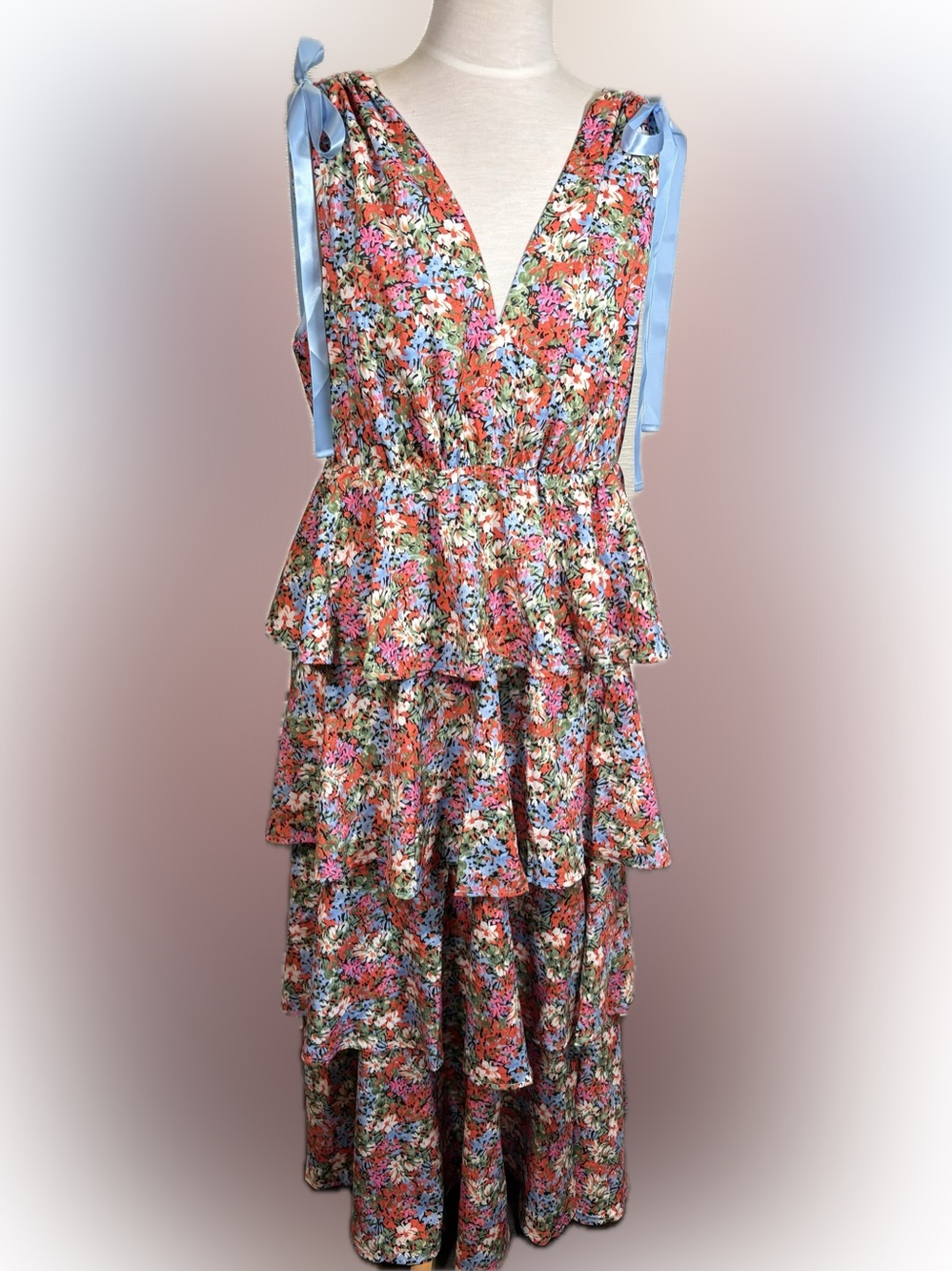 Wenrine Floral Tie shoulder Ruffle Maxi Dress
